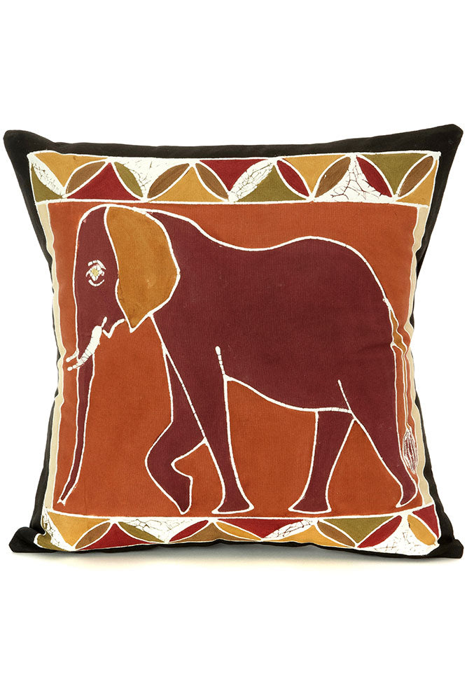 Zambian Hand Painted Bush Clay Elephant Pillow Cover with Optional Insert