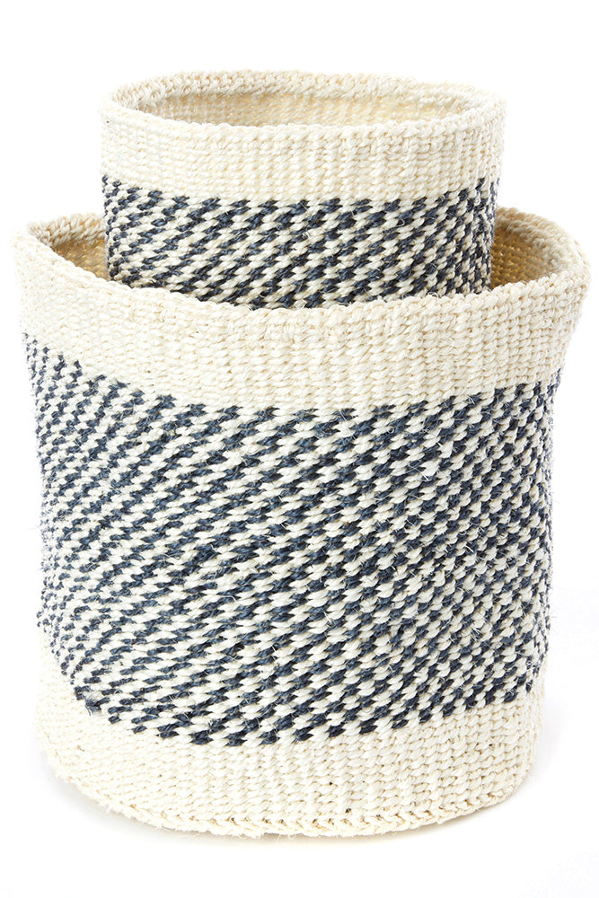 Set of Two Charcoal and Cream Twill Sisal Nesting Baskets