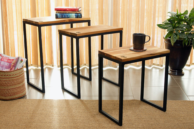 Set of Three Ghanaian Nesting Tables with Brass Sankofa Symbols