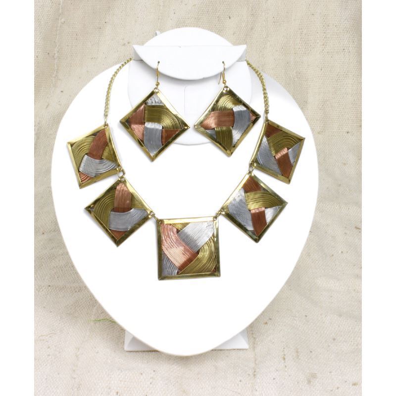 Brass Tri-Metal Necklace & Earring Set