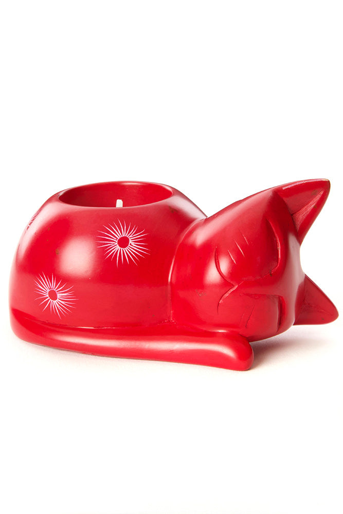 Red Soapstone Cozy Cat Tea Light Candle Holder