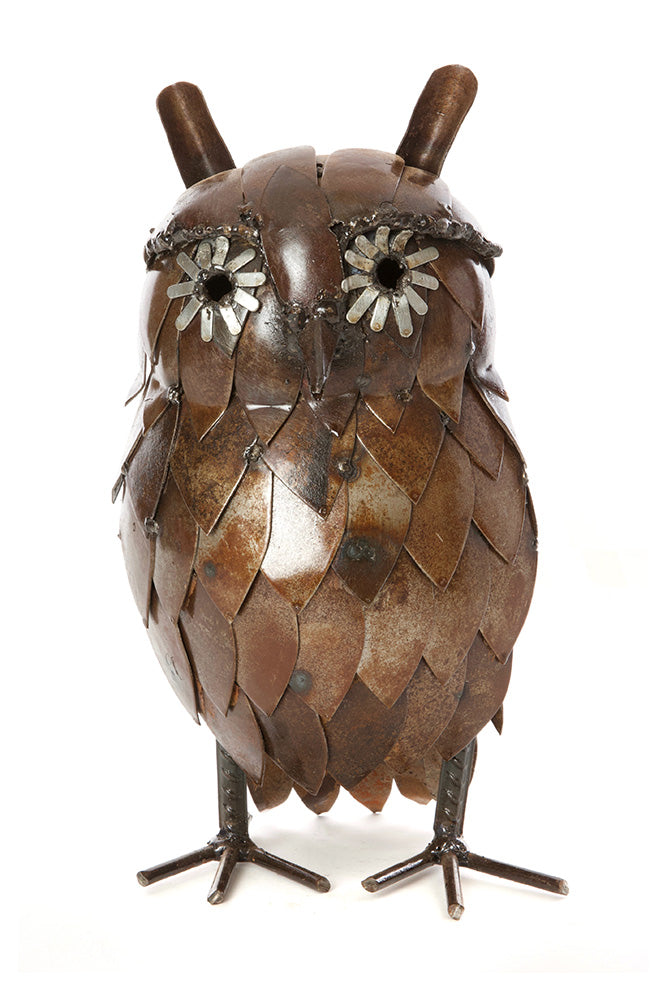 Brown Recycled Metal Great Horned Owl Sculptures