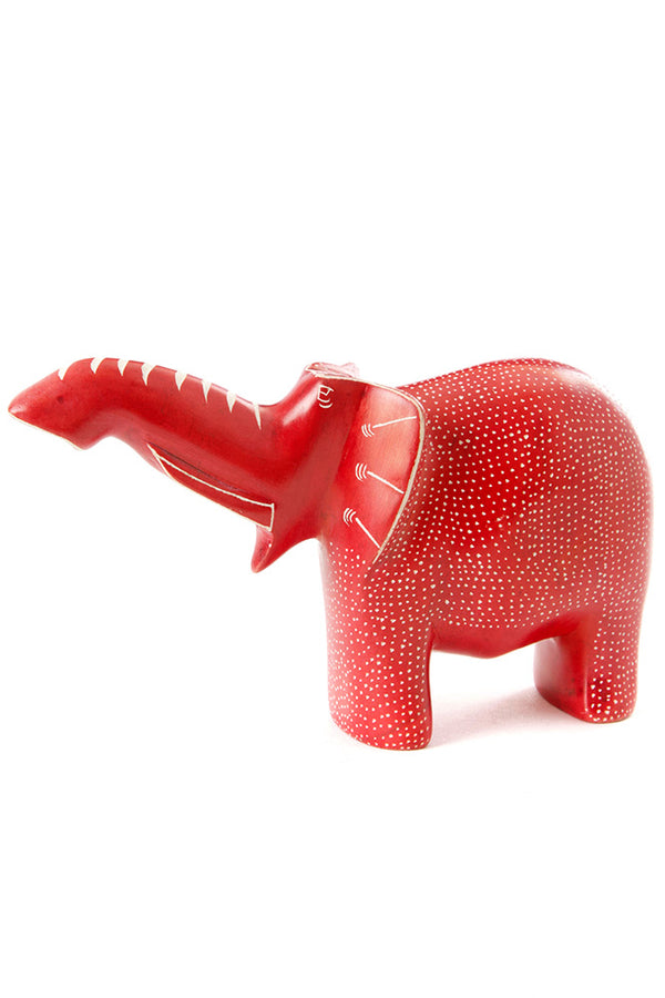 Large Red Polka Dot Elephant with Trunk Up