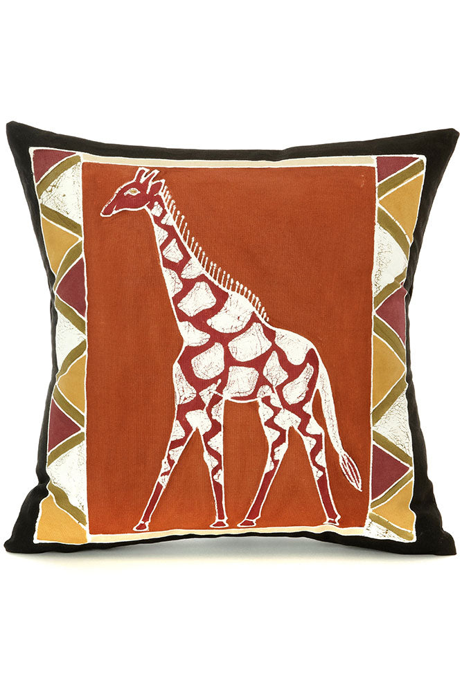 Zambian Hand Painted Bush Clay Giraffe Pillow Cover with Optional Insert