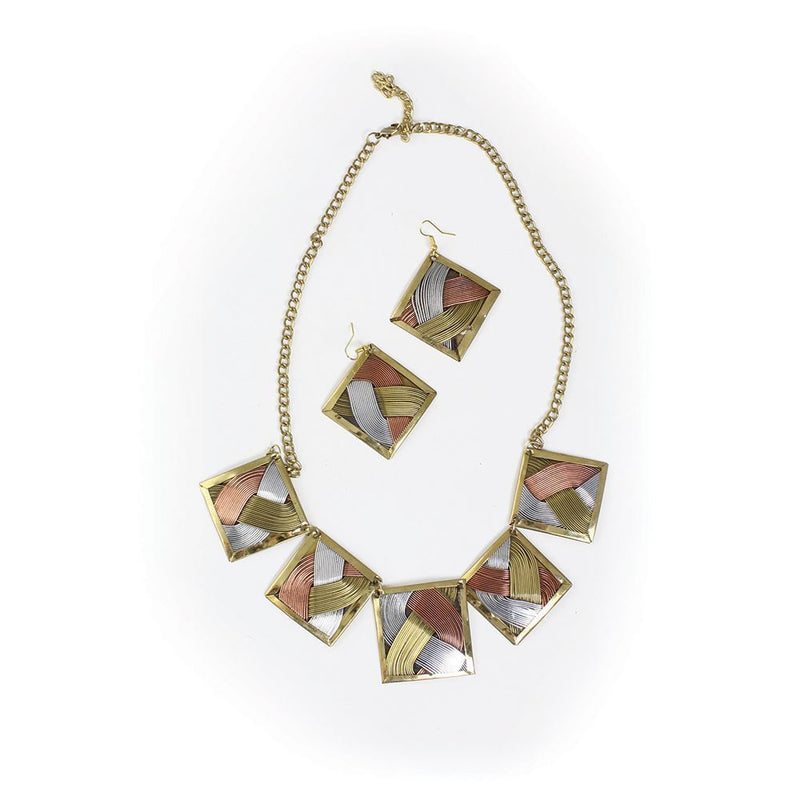 Brass Tri-Metal Necklace & Earring Set