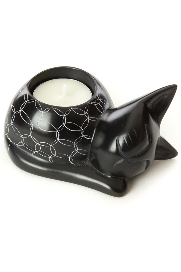 Black Soapstone Cozy Cat Tea Light Candle Holder