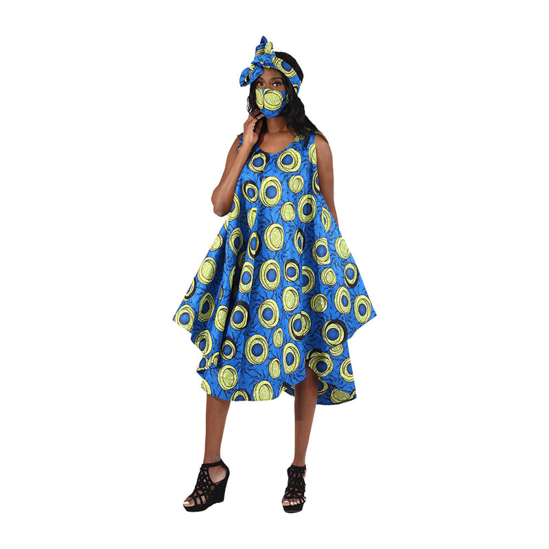 African Print Umbrella Dress/Mask Set