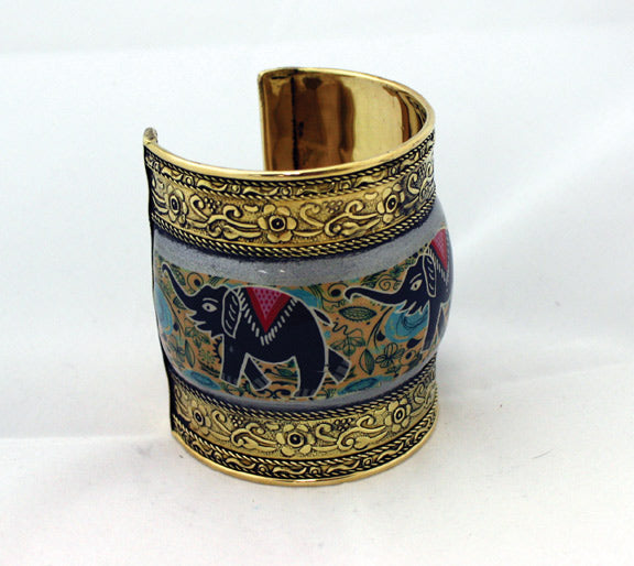 Painted Brass Cuff: Elephants