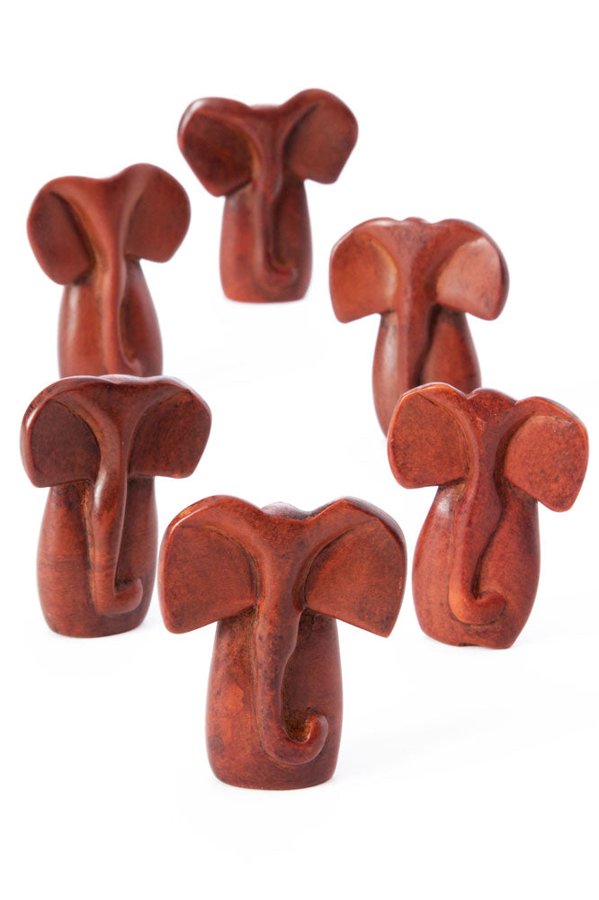 Set of Six - Brown Soapstone Mini Elephant Busts