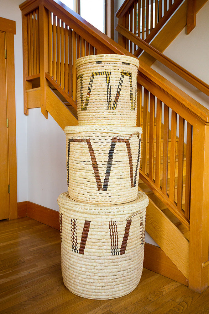 Set of Three Chestnut Arrow Gingerbread Tree Doum Palm Hamper Baskets