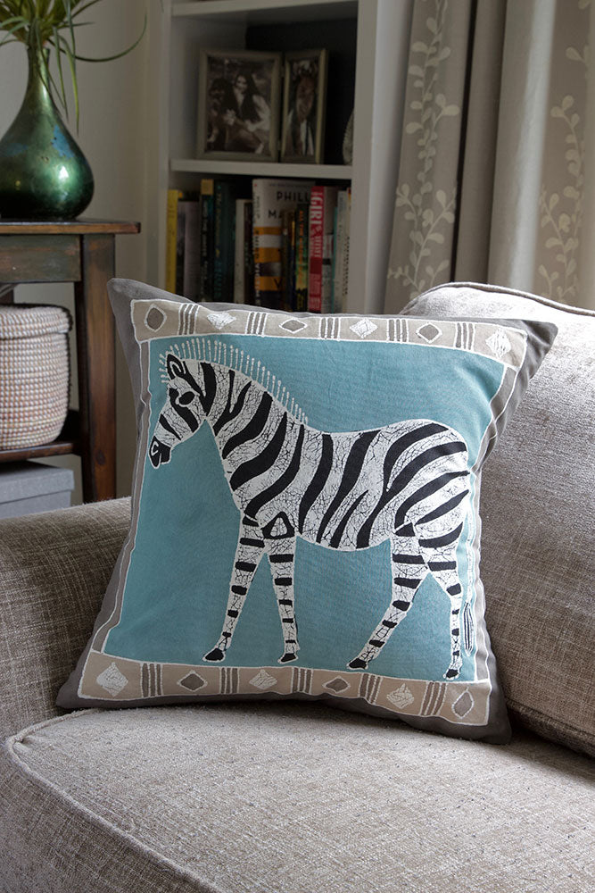 Zambian Hand Painted Bush Sky Zebra Pillow Cover with Optional Insert