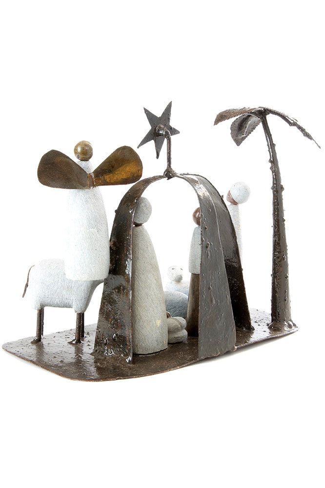 Zimbabwean Serpentine Stone and Metal Archway Nativity Scene