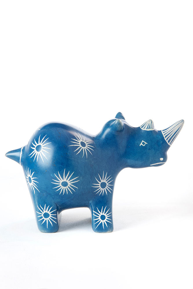 Blue Milkweed Soapstone Rhino Sculpture