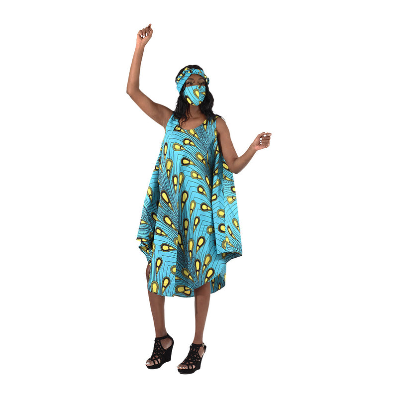 African Print Umbrella Dress/Mask Set