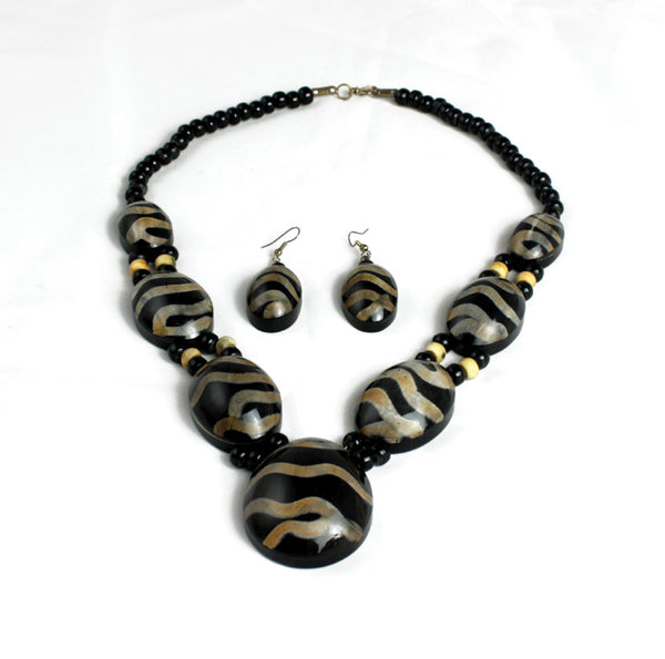 Zebra Striped Bone Beaded Necklace Set