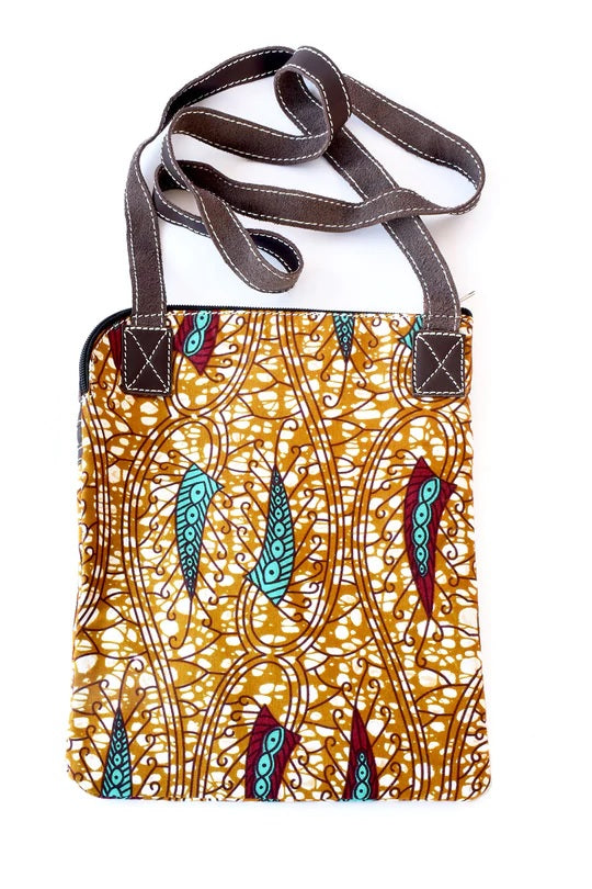 Zambian Chitenge Cloth and Brown Leather Cross Body Bag