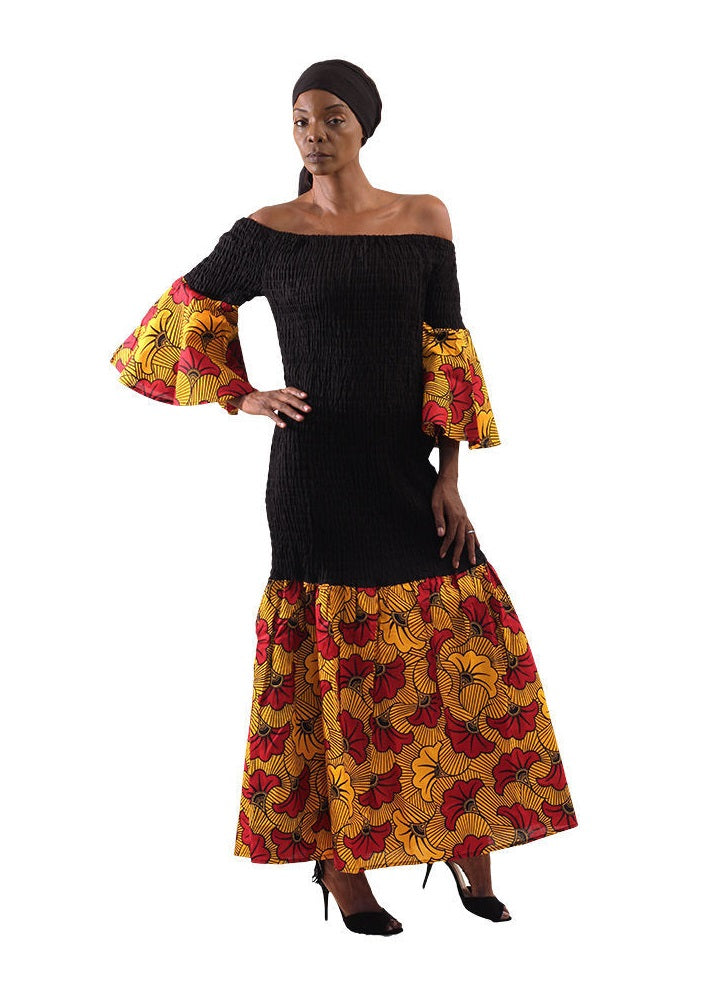 Black & Orange Flowers Stretch Dress