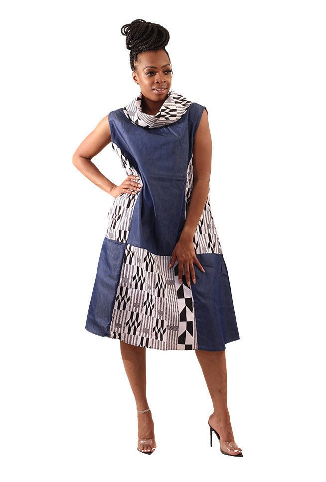 Black & White Kente/Denim Dress