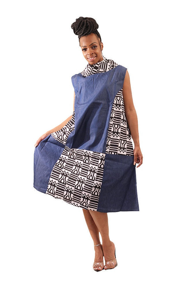 Black & White Kente/Denim Dress