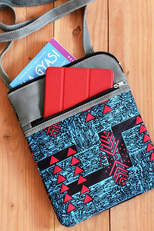 Zambian Chitenge Cloth and Gray Leather Cross Body Bag