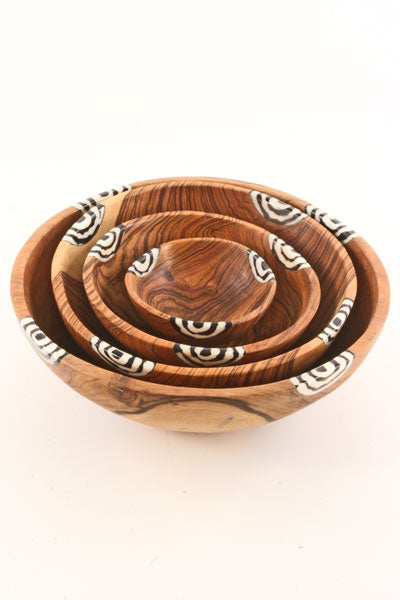 Set of Four Wild Olivewood Bowls with Dyed Bone Inlay