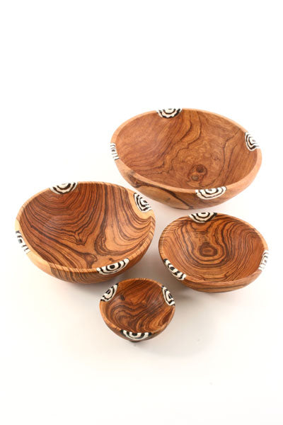 Set of Four Wild Olivewood Bowls with Dyed Bone Inlay