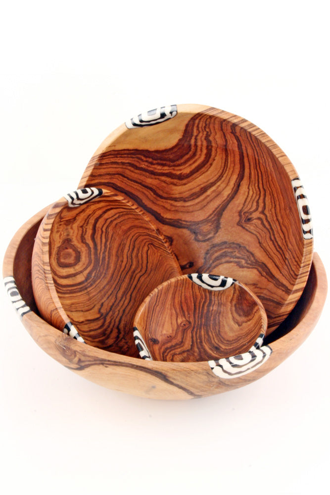 Set of Four Wild Olivewood Bowls with Dyed Bone Inlay