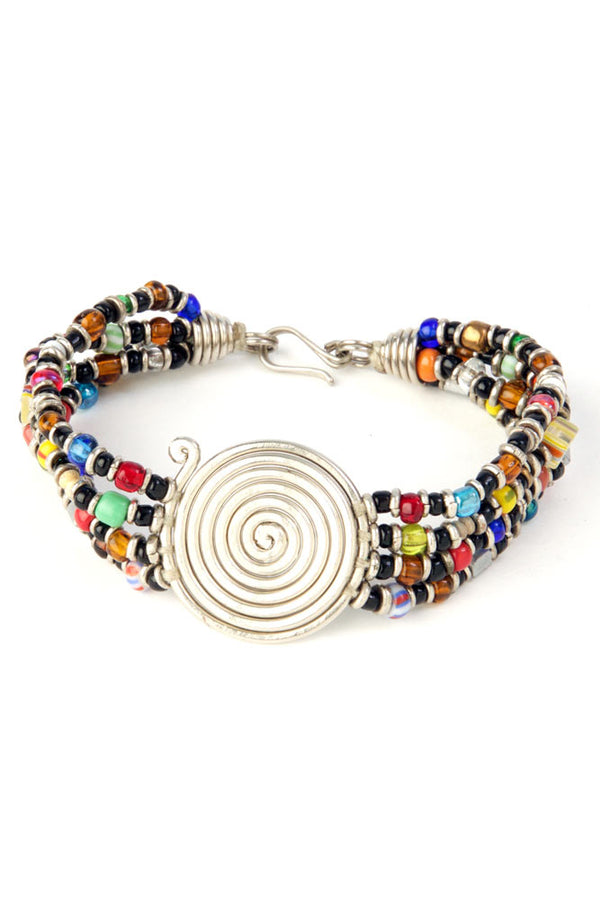 Kenyan Rainbow Beaded Bracelet with Silver Coil