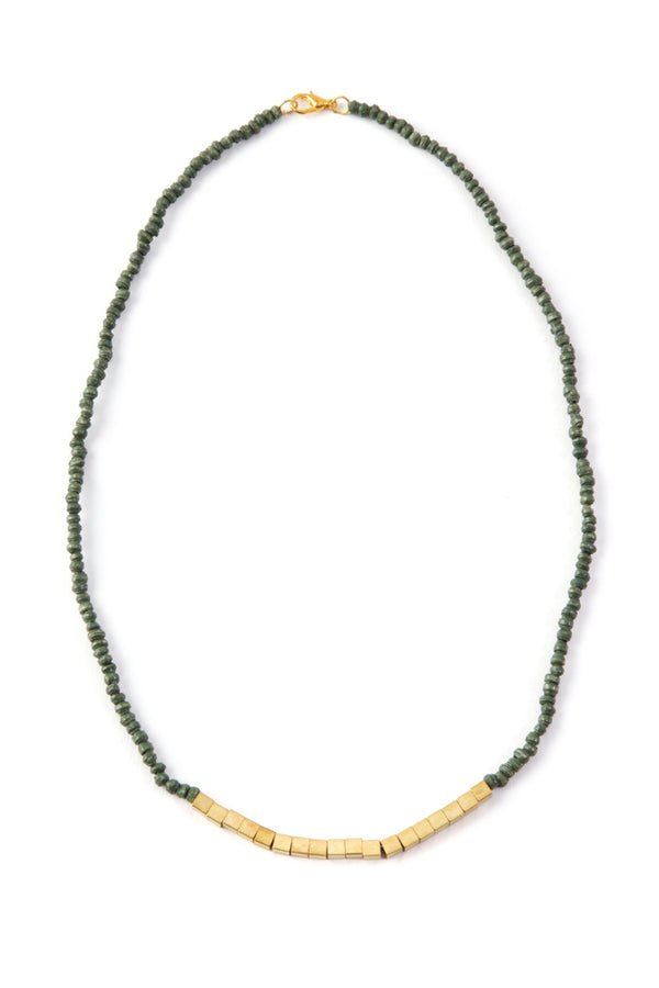 Ajuna Zoe Paper Bead and Brass Necklace in Olive