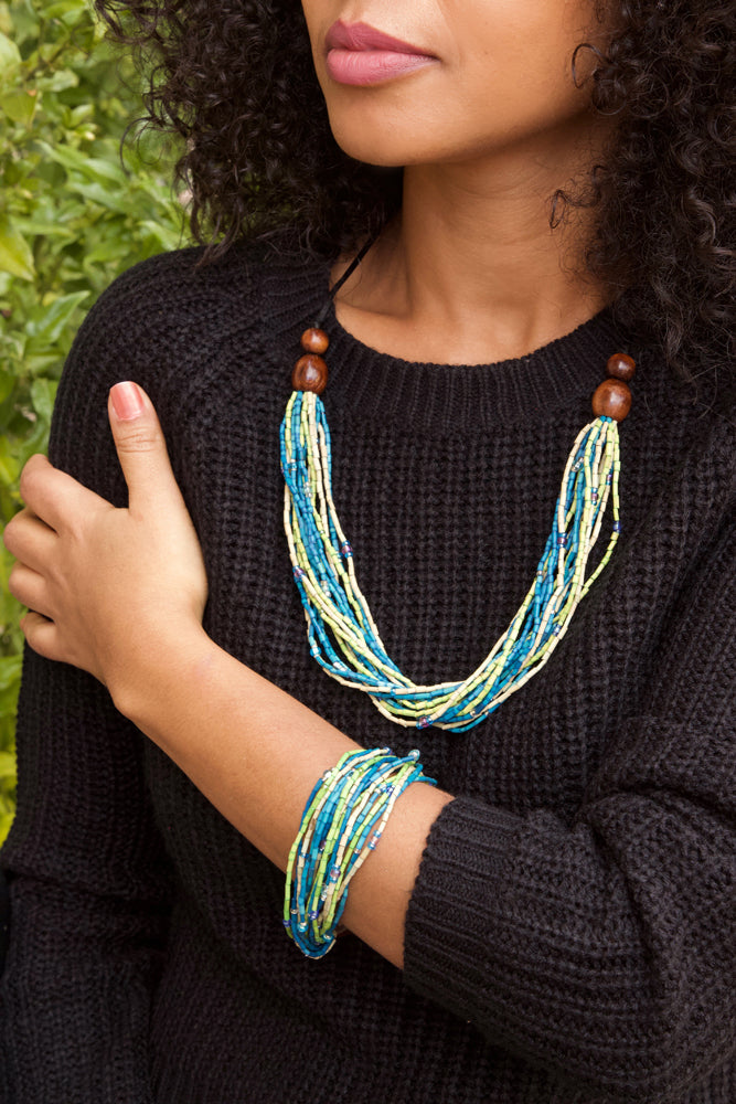 Morning Dip Multi-Strand Zulugrass & Acacia Wood Necklace