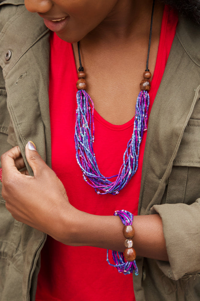 Hydrangea Multi-Strand Zulugrass & Acacia Wood Necklace