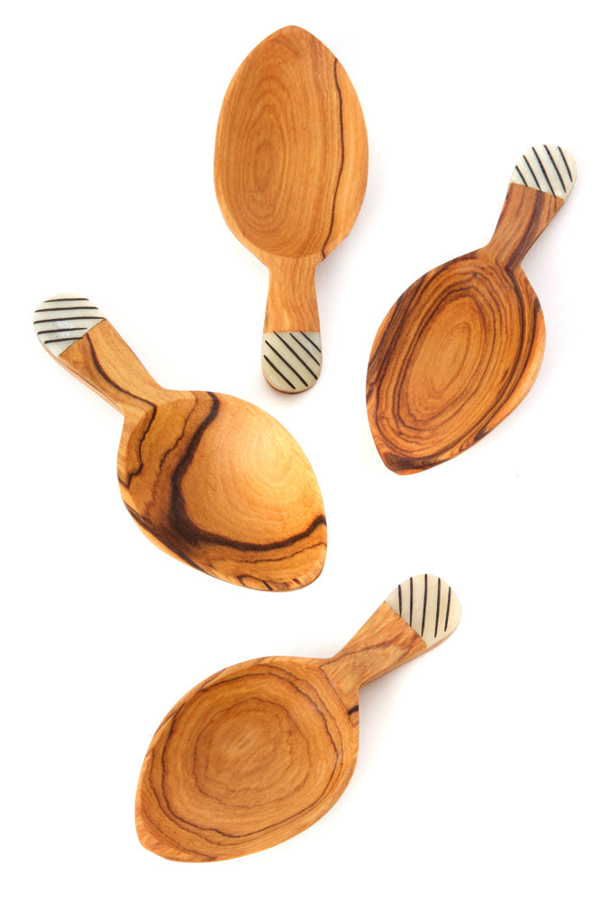 Set of Four Wild Olive Wood Leaf Scoops With Cow Bone