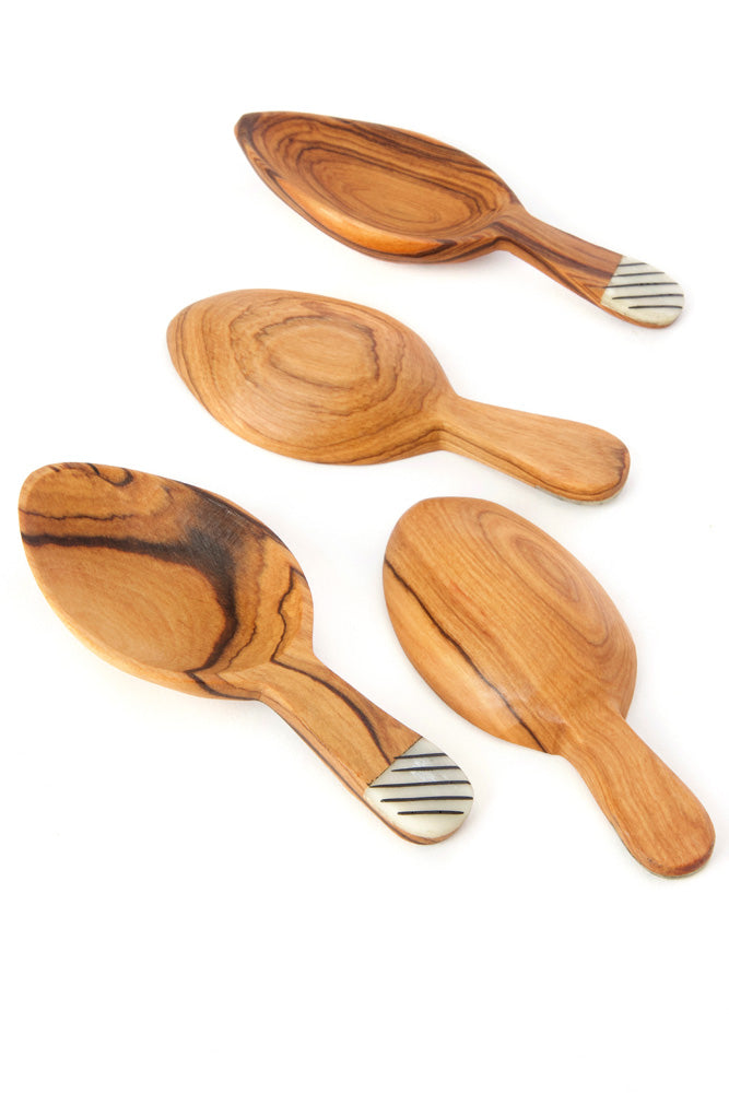 Set of Four Wild Olive Wood Leaf Scoops With Cow Bone