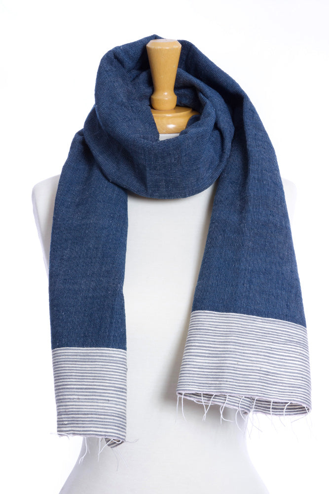 Blue Ethiopian Cotton Luxe Scarf with Natural Border