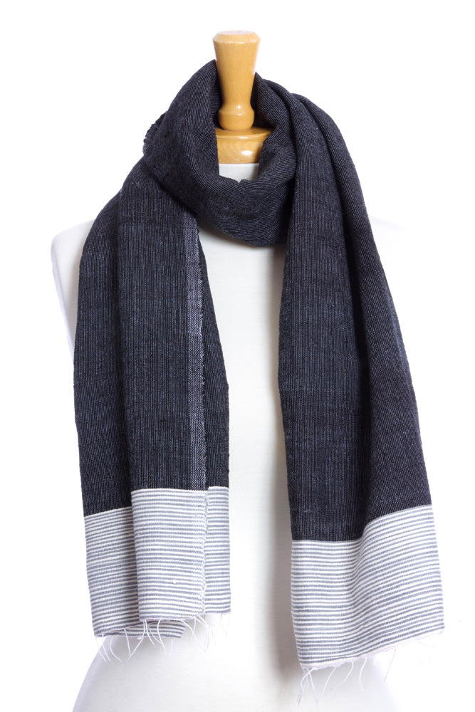 Black Ethiopian Cotton Luxe Scarf with Grey Border