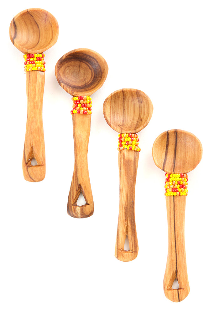 Set of Four Wild Olive Wood Spoons with Orange Beads