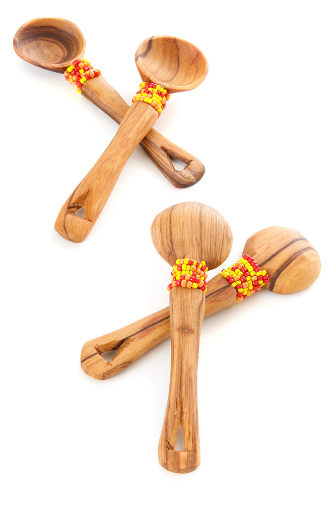 Set of Four Wild Olive Wood Spoons with Orange Beads