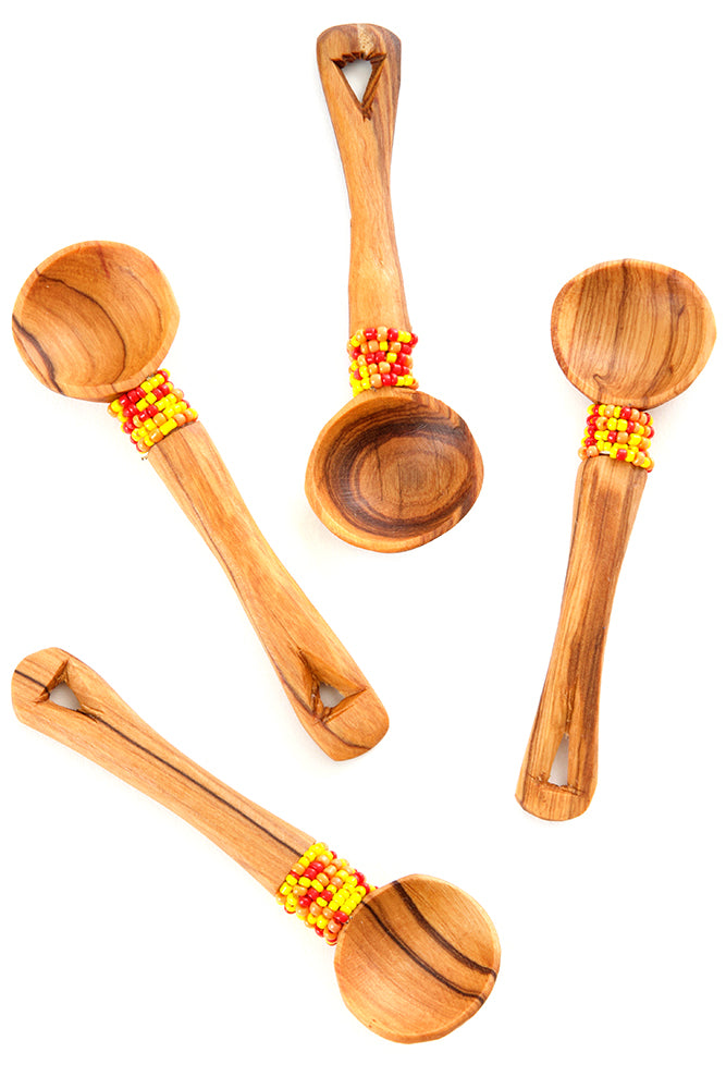 Set of Four Wild Olive Wood Spoons with Orange Beads