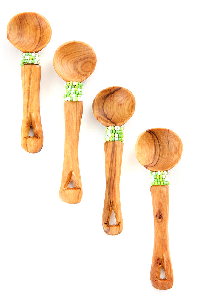 Set of Four Wild Olive Wood Spoons with Green Beads