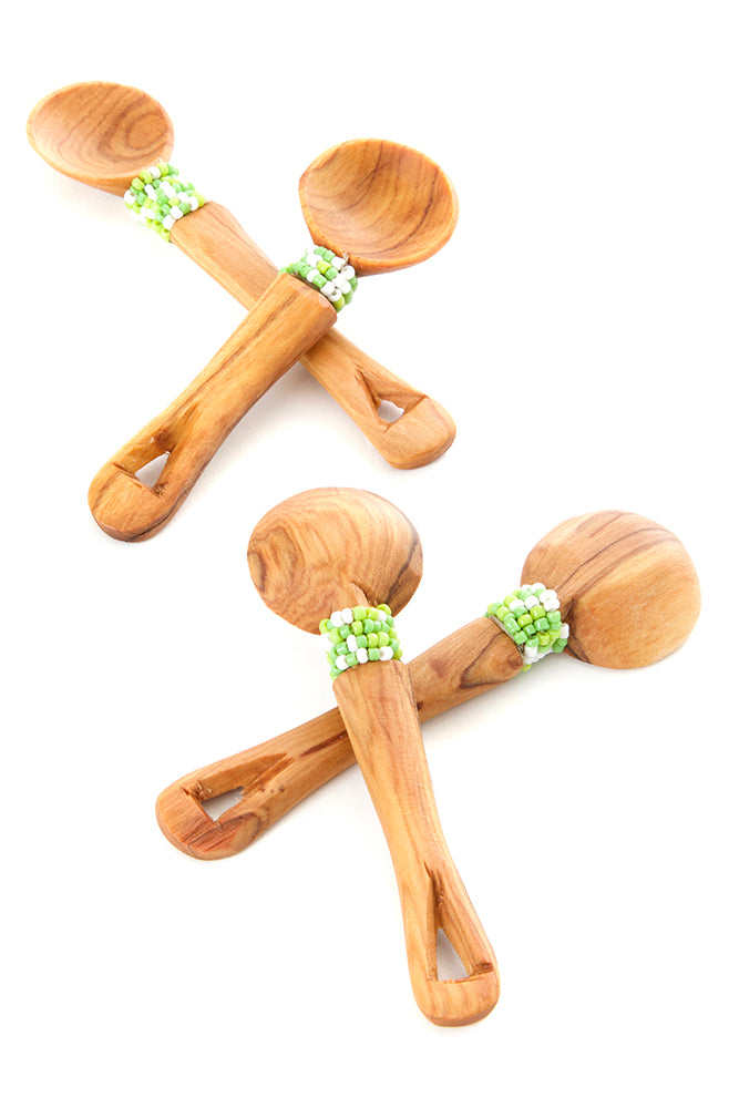 Set of Four Wild Olive Wood Spoons with Green Beads