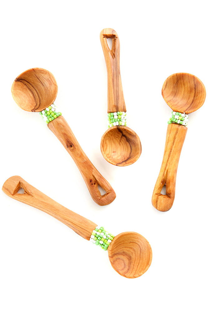 Set of Four Wild Olive Wood Spoons with Green Beads