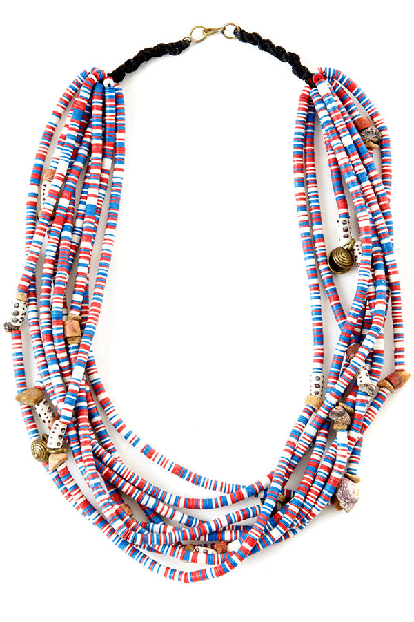 Red, White and Blue Heishi Bead and Brass Necklace