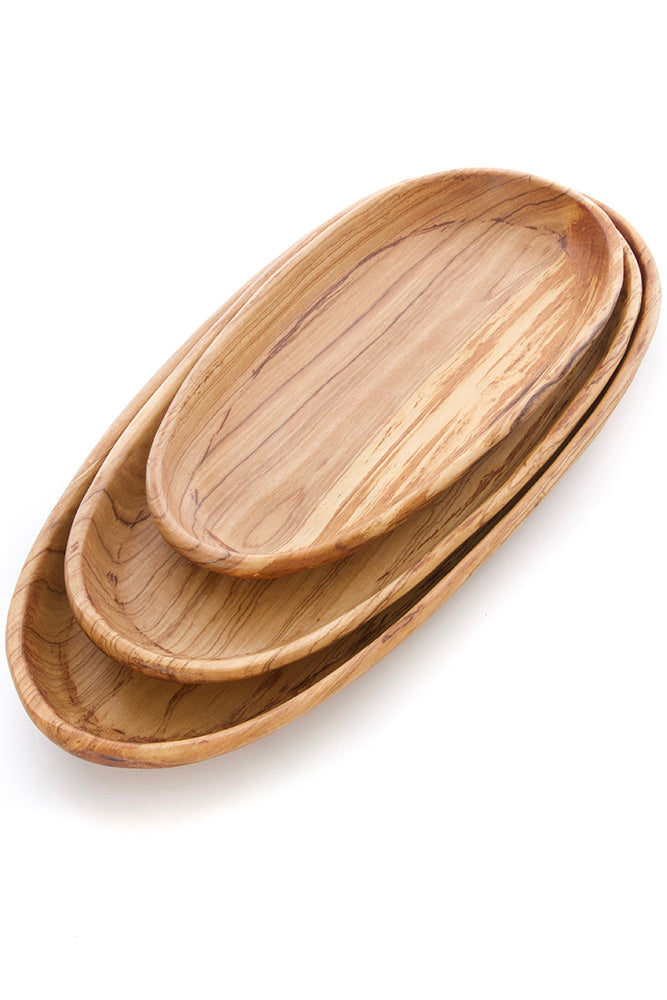 Set of Three Shallow Wild Olive Wood Oval Serving Bowls