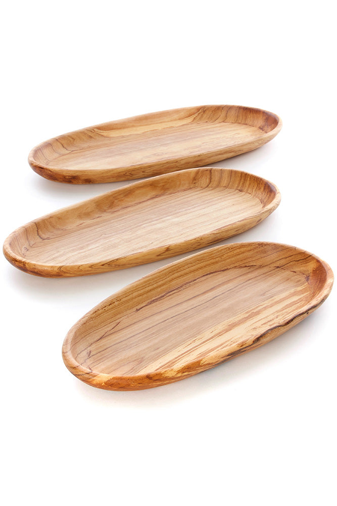 Set of Three Shallow Wild Olive Wood Oval Serving Bowls