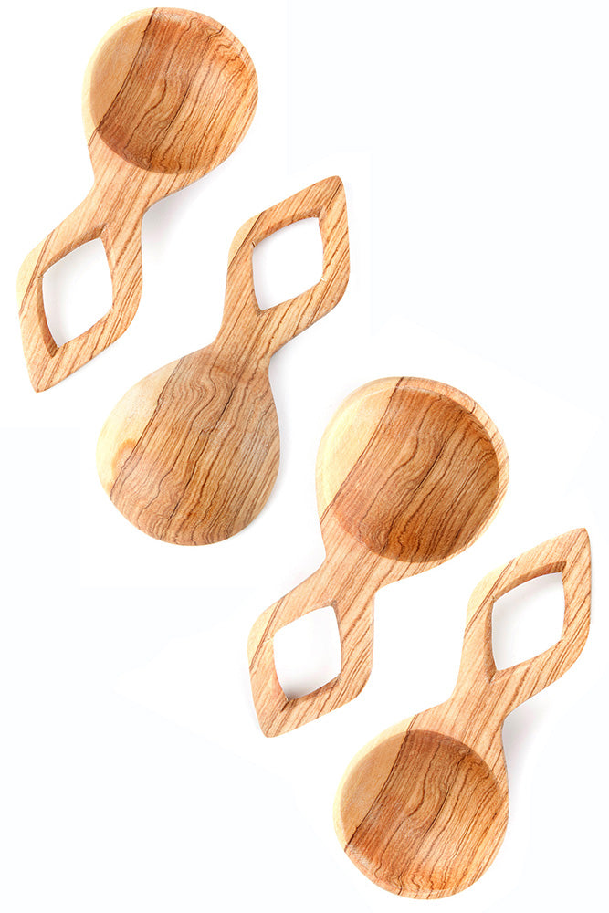 Set of Four Wild Olive Wood Eyelet Scoops