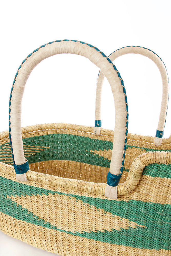 Ghanaian Seafoam Moses Basket with Leather Handles