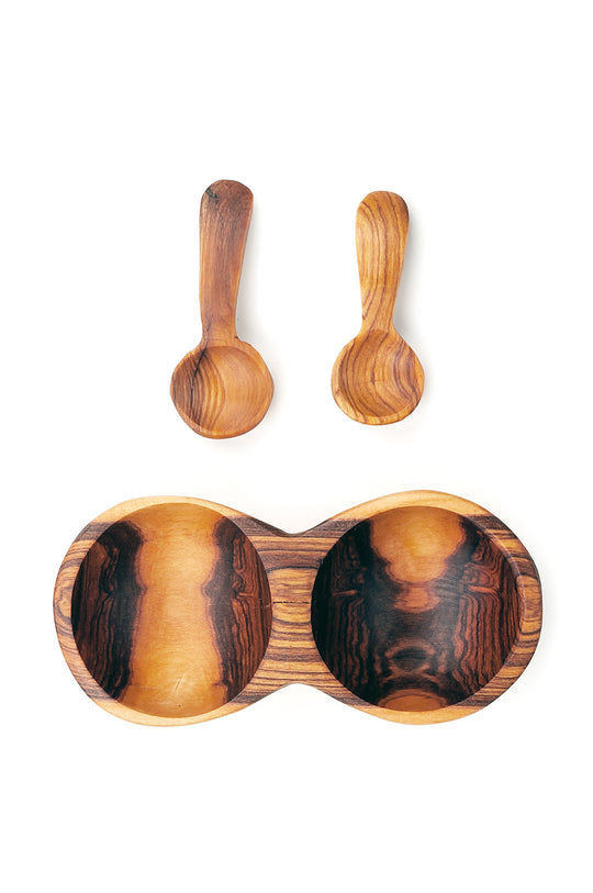 Double Wild Olive Wood Spice Bowl with Spoons